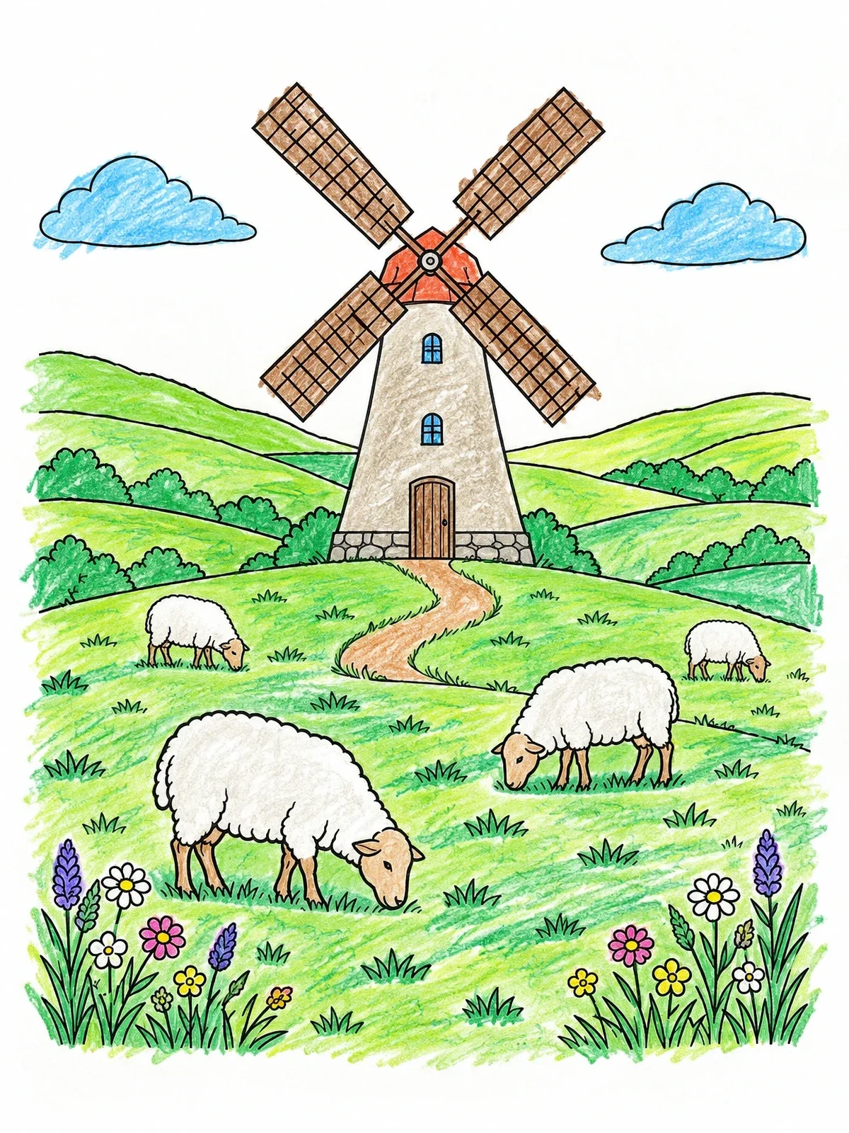 Colored example of the Windmill On Rolling Hills With Sheep coloring page