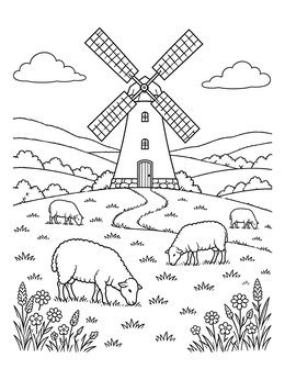 Sheep graze on a hill near a rustic mill in this pastoral windmill coloring page.