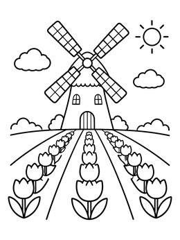 Free printable Windmill In A Tulip Field coloring page