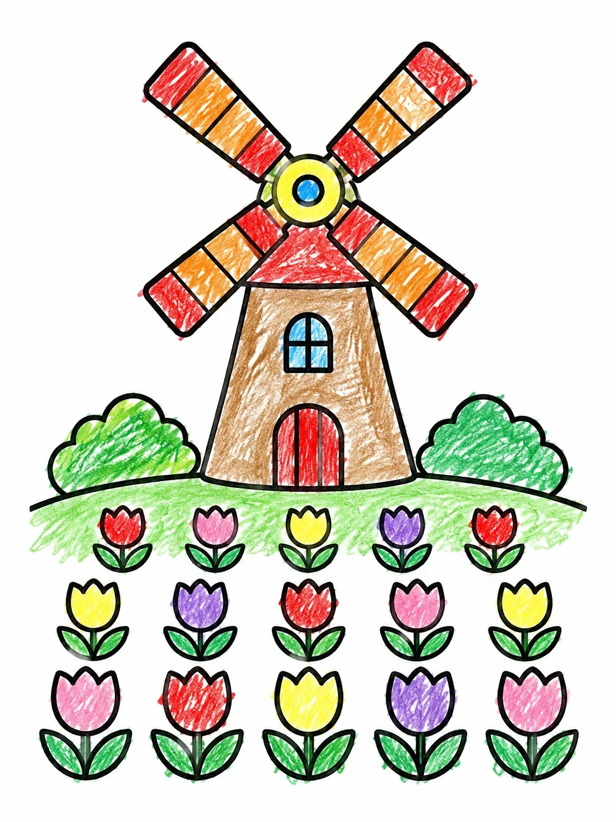 Colored example of the Windmill In A Tulip Field coloring page