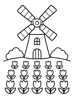 Free printable Windmill In A Tulip Field coloring page