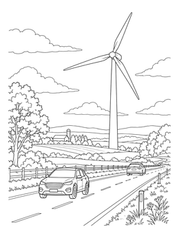 A modern wind turbine rises over rolling hills in this scenic windmill coloring page.