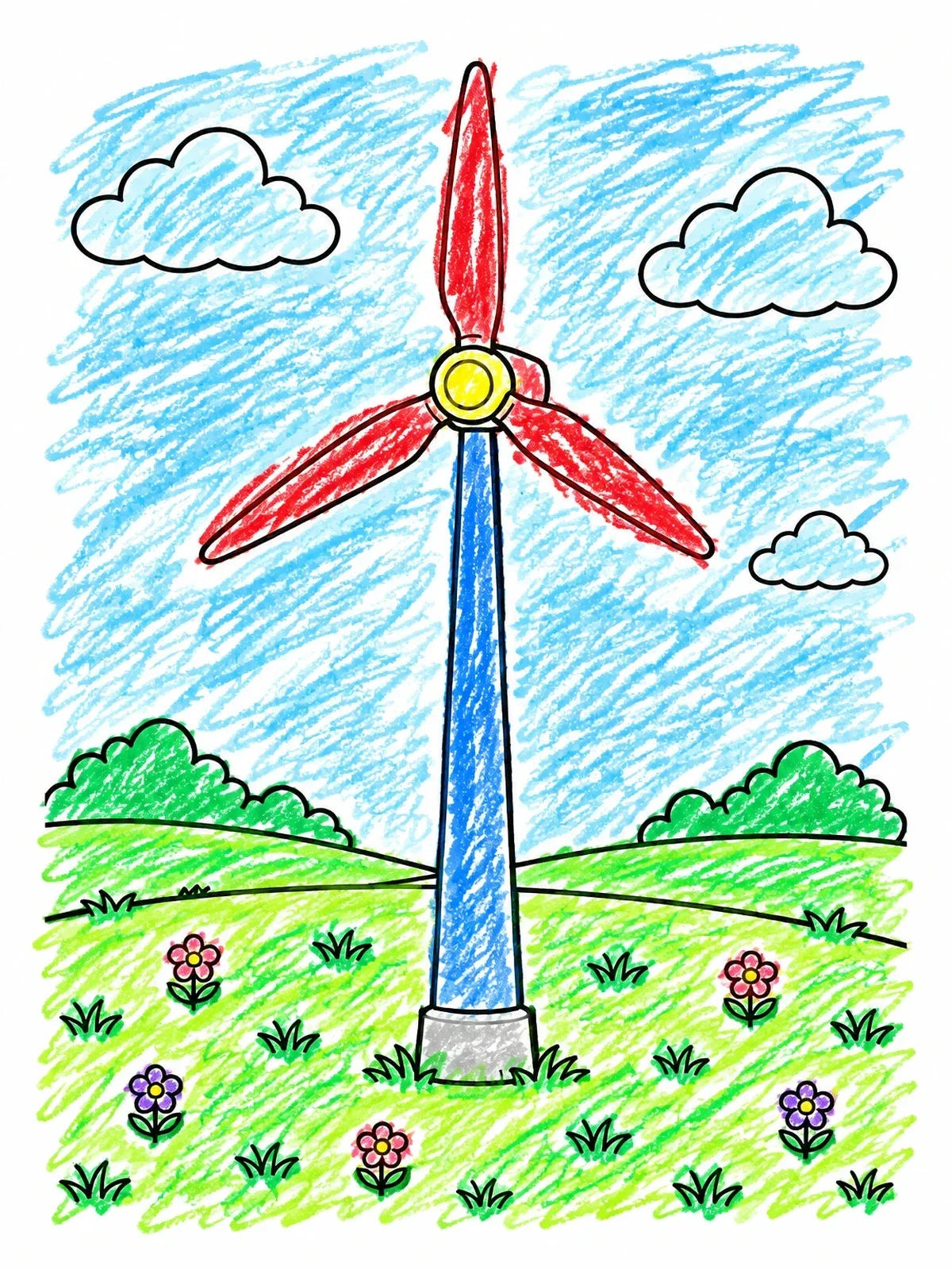 Colored example of the Wind Turbine In A Grassy Meadow coloring page