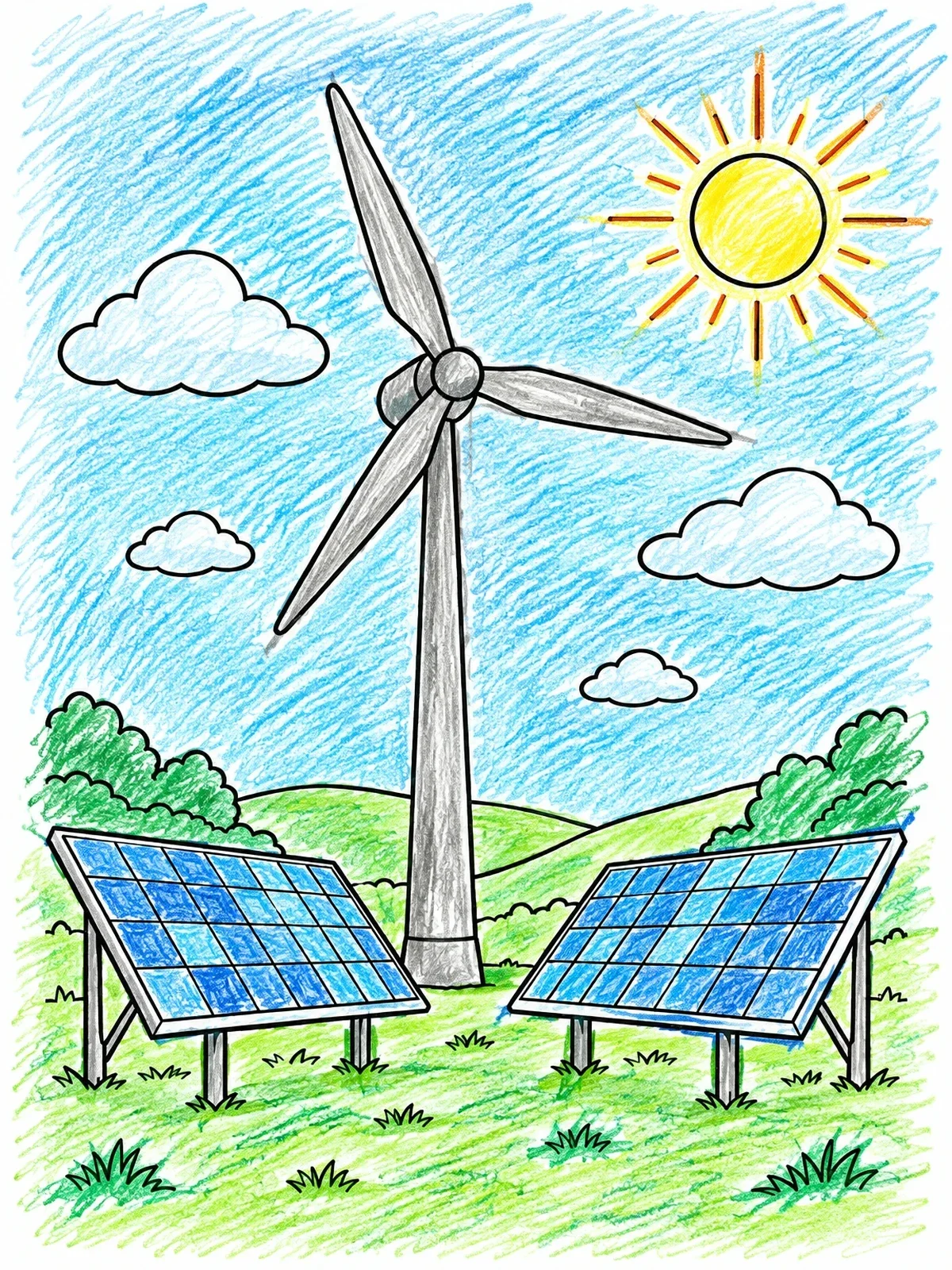 Colored example of the Wind Turbine And Solar Panels coloring page