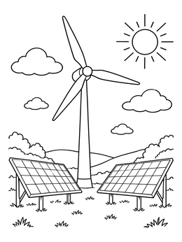 A modern windmill coloring page with solar panels under a bright sun.