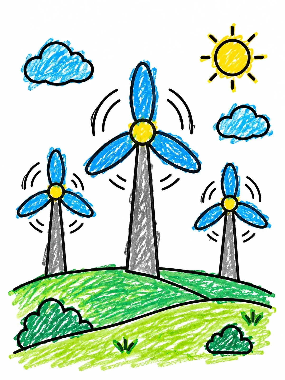 Colored example of the Wind Turbines On Rolling Hills coloring page