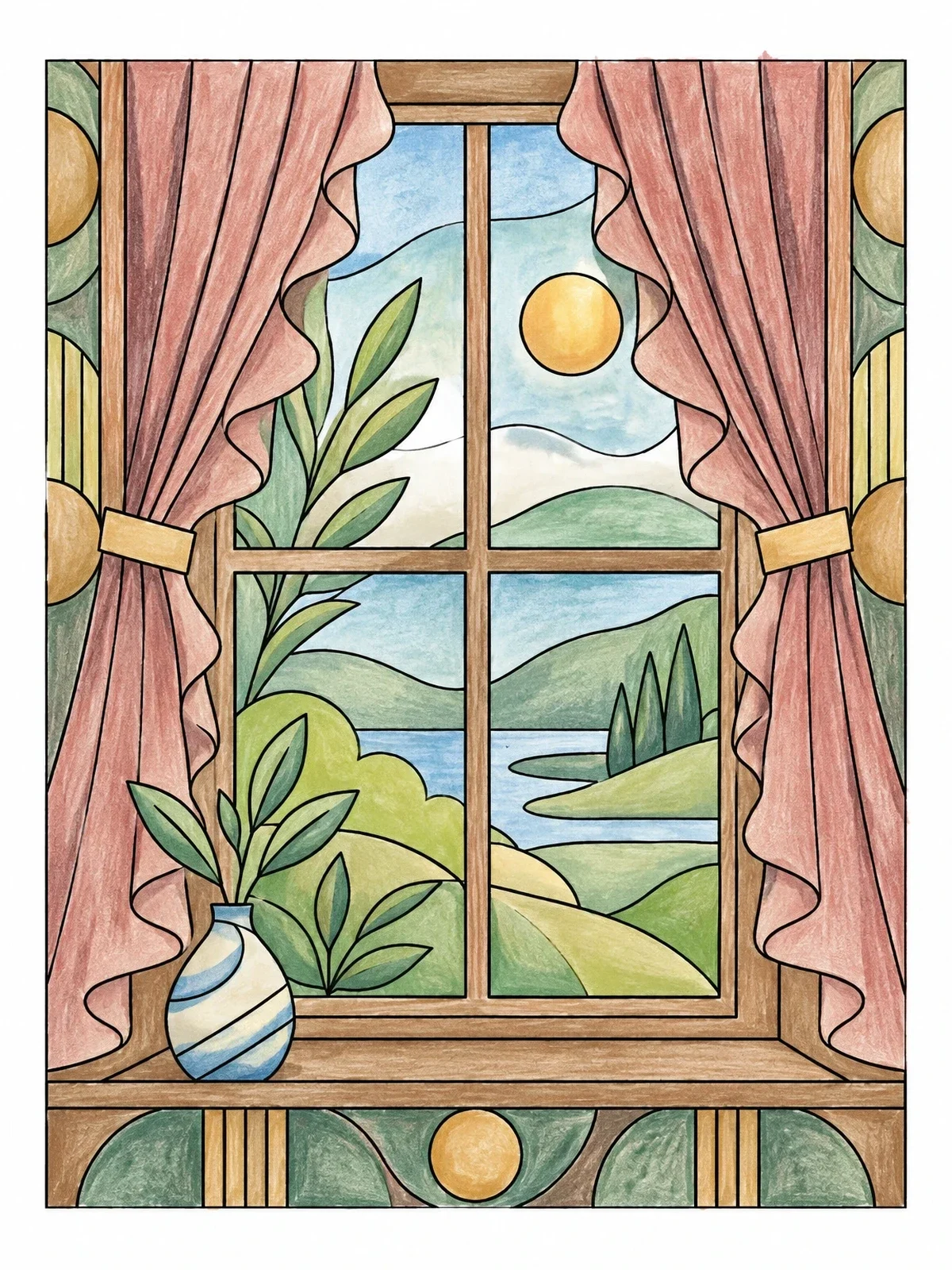Colored example of the Window With Scenic Countryside View coloring page