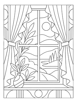 Detailed window coloring page featuring draped curtains and a peaceful landscape view.