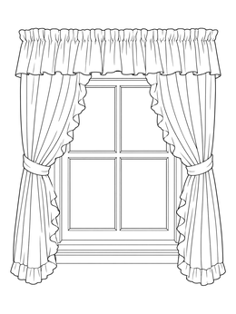 Detailed window coloring page featuring a four-pane frame with ruffled draped curtains.