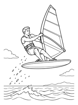 A wind surfing coloring page featuring an athletic surfer leaping high into the air with his board.