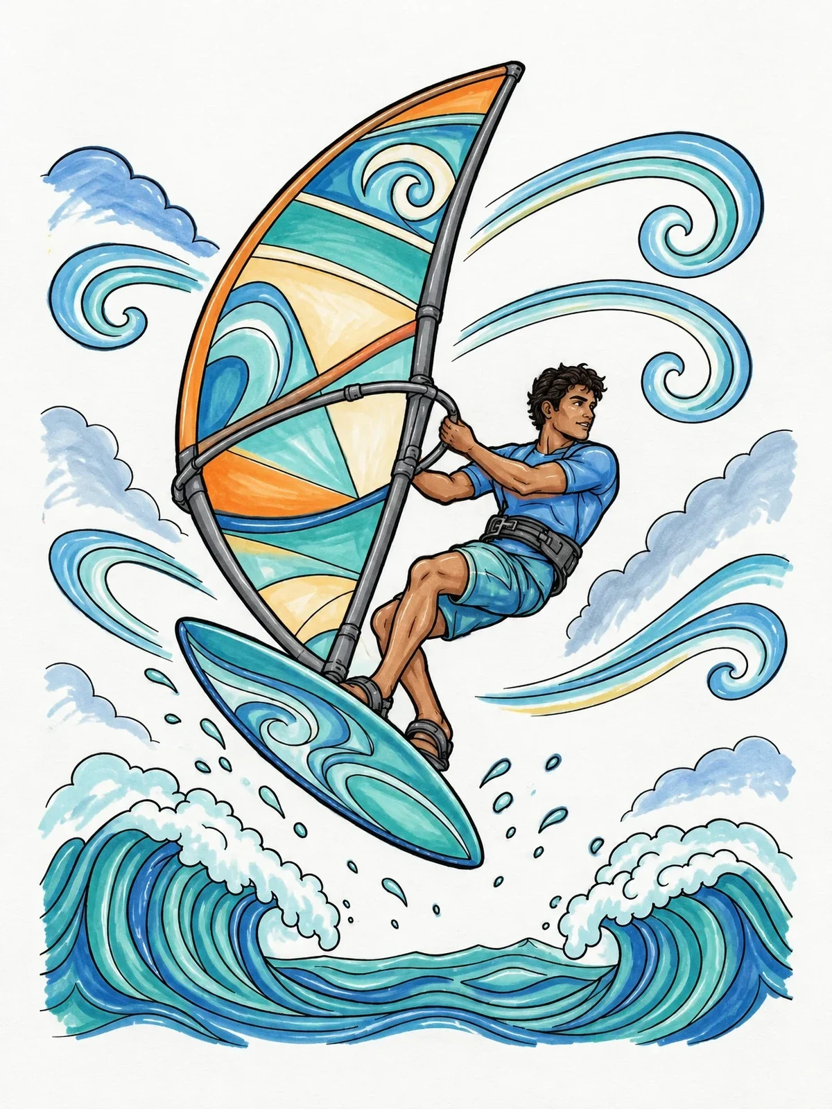 Colored example of the Windsurfer Catching Air Over Waves coloring page