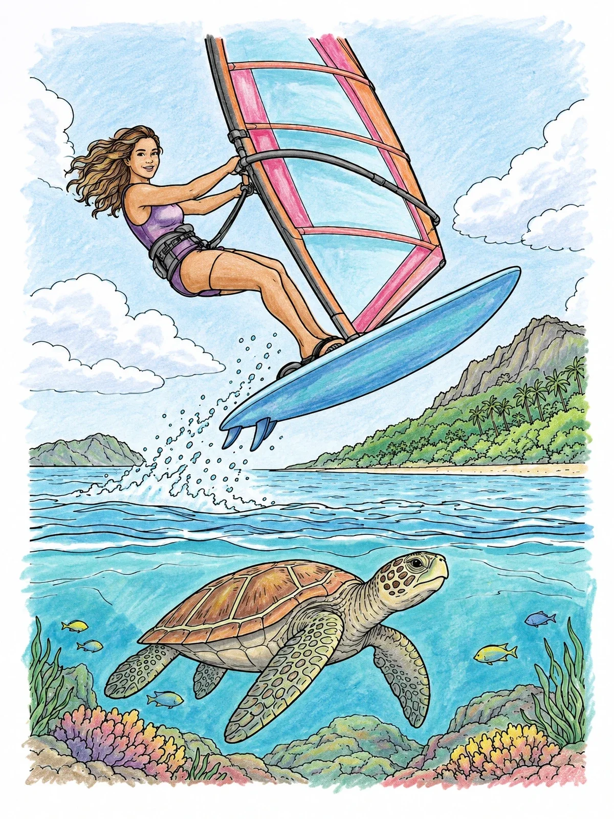 Colored example of the Windsurfer Jumping Over Sea Turtle coloring page