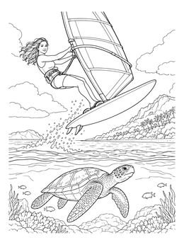 Free printable Windsurfer Jumping Over Sea Turtle coloring page