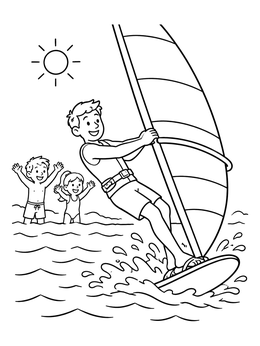 Free printable Windsurfer Gliding Past Cheering Kids coloring page