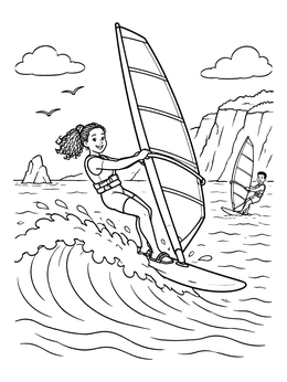 Free printable Windsurfing Girl On Ocean Waves coloring page