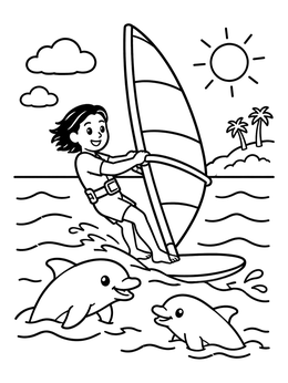 Free printable Windsurfing With Playful Dolphins coloring page