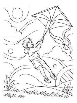 A boy flies through the air holding a large kite in this windy day coloring page.