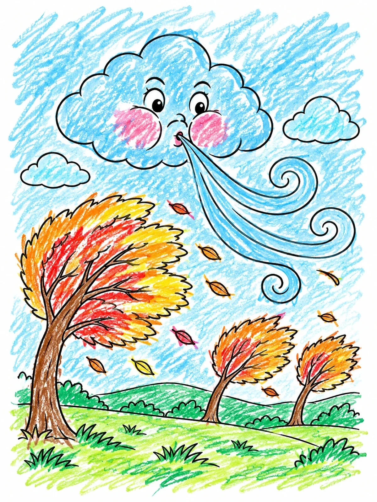 Colored example of the Cartoon Cloud Blowing Autumn Wind coloring page