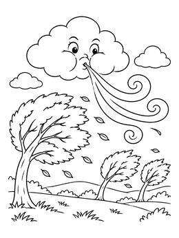 A friendly cloud blows swirls over bending trees in this windy day coloring page.
