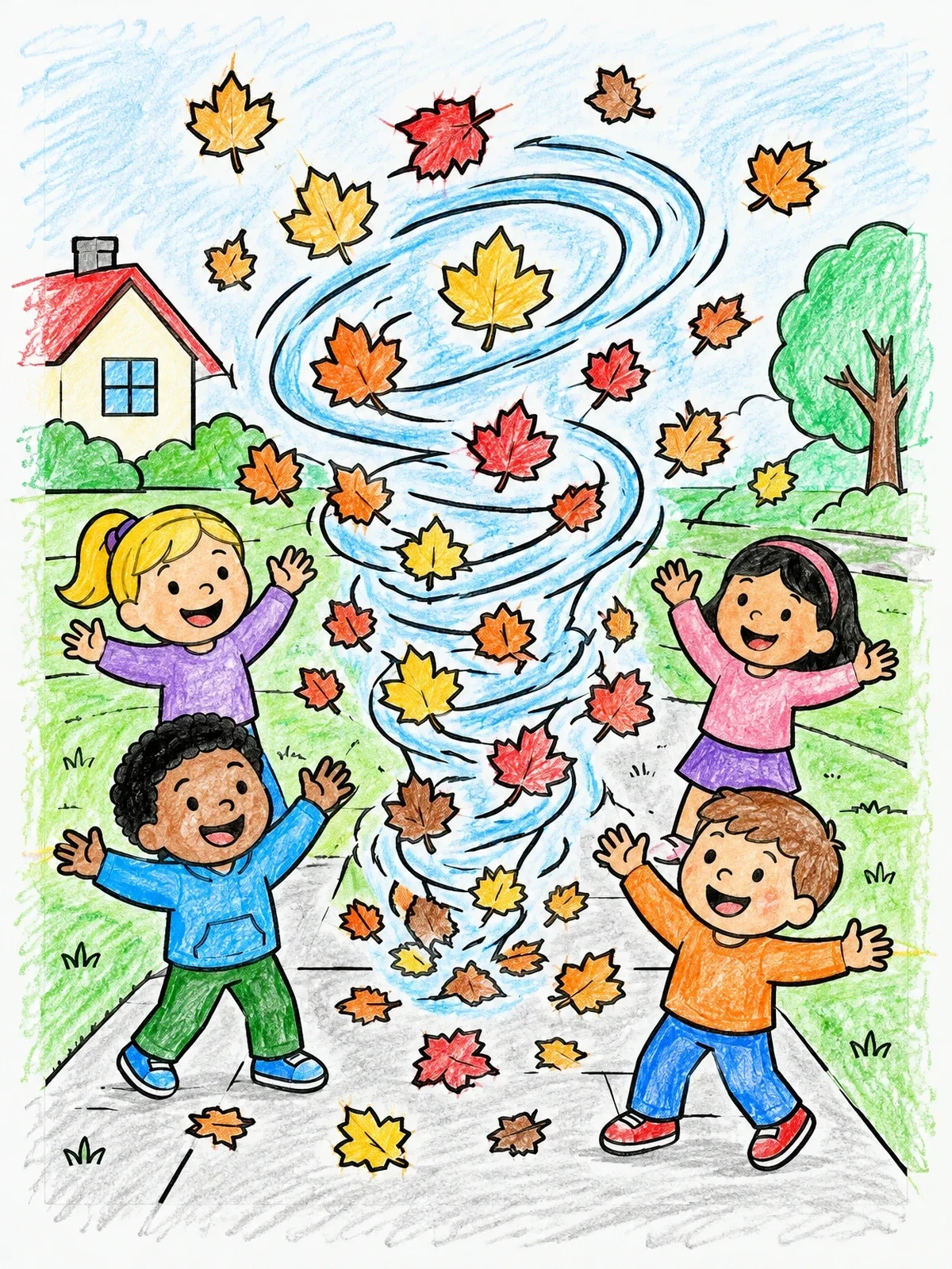 Colored example of the Children Watching Autumn Leaf Whirlwind coloring page