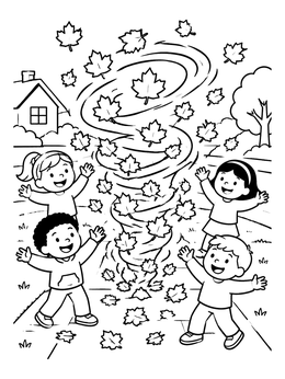 Free printable Children Watching Autumn Leaf Whirlwind coloring page