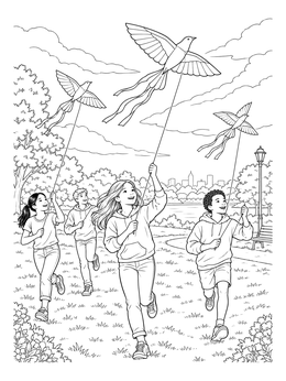 A lively windy day coloring page showing cheerful children running across a grassy park flying bird-shaped kites.