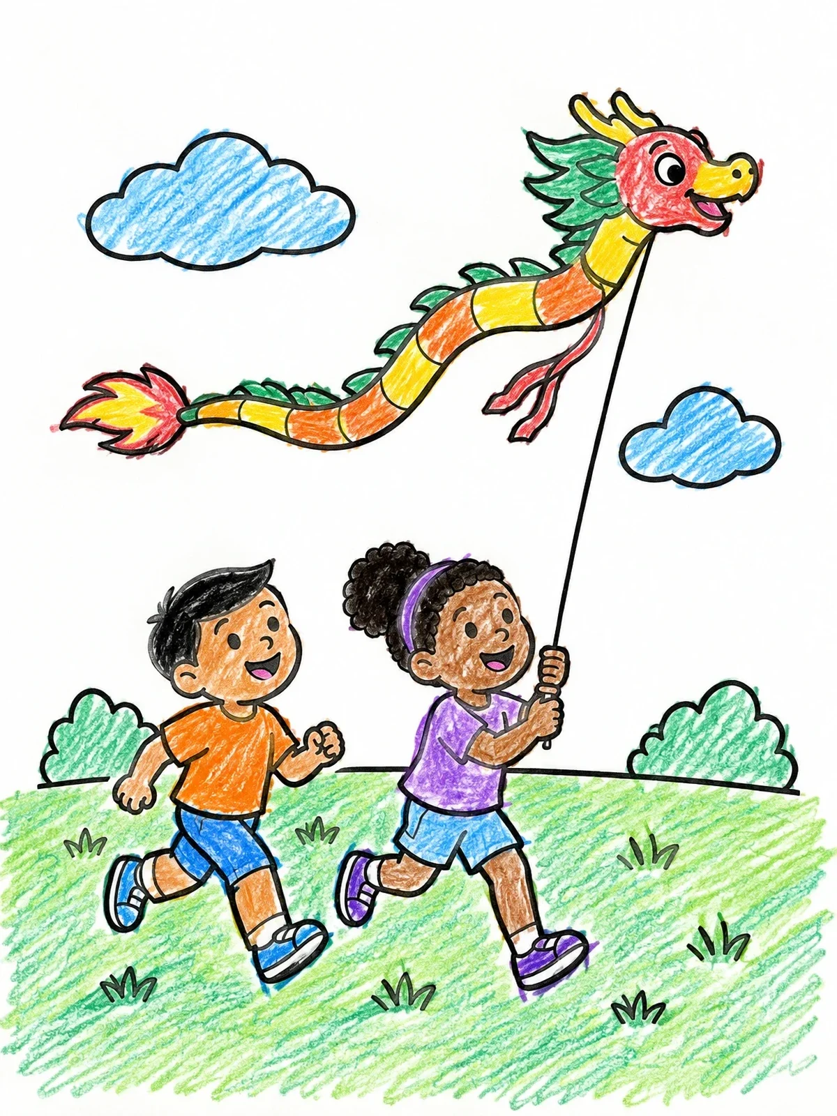Colored example of the Children Flying A Dragon Kite coloring page