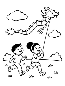 Free printable Children Flying A Dragon Kite coloring page