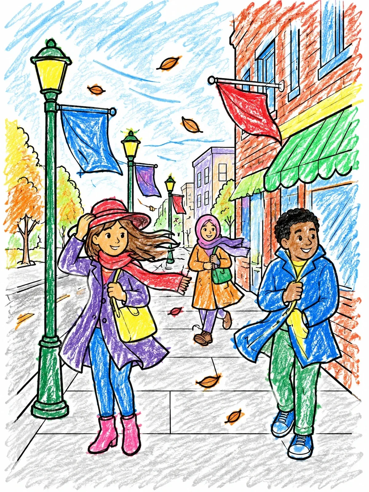 Colored example of the Windy Day On The City Sidewalk coloring page