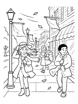 Free printable Windy Day On The City Sidewalk coloring page