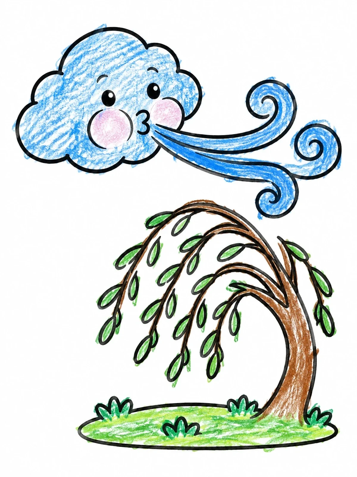 Colored example of the Cute Cloud Blowing Wind On Willow Tree coloring page