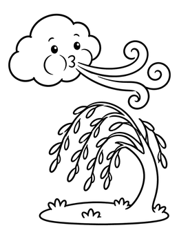 Free printable Cute Cloud Blowing Wind On Willow Tree coloring page