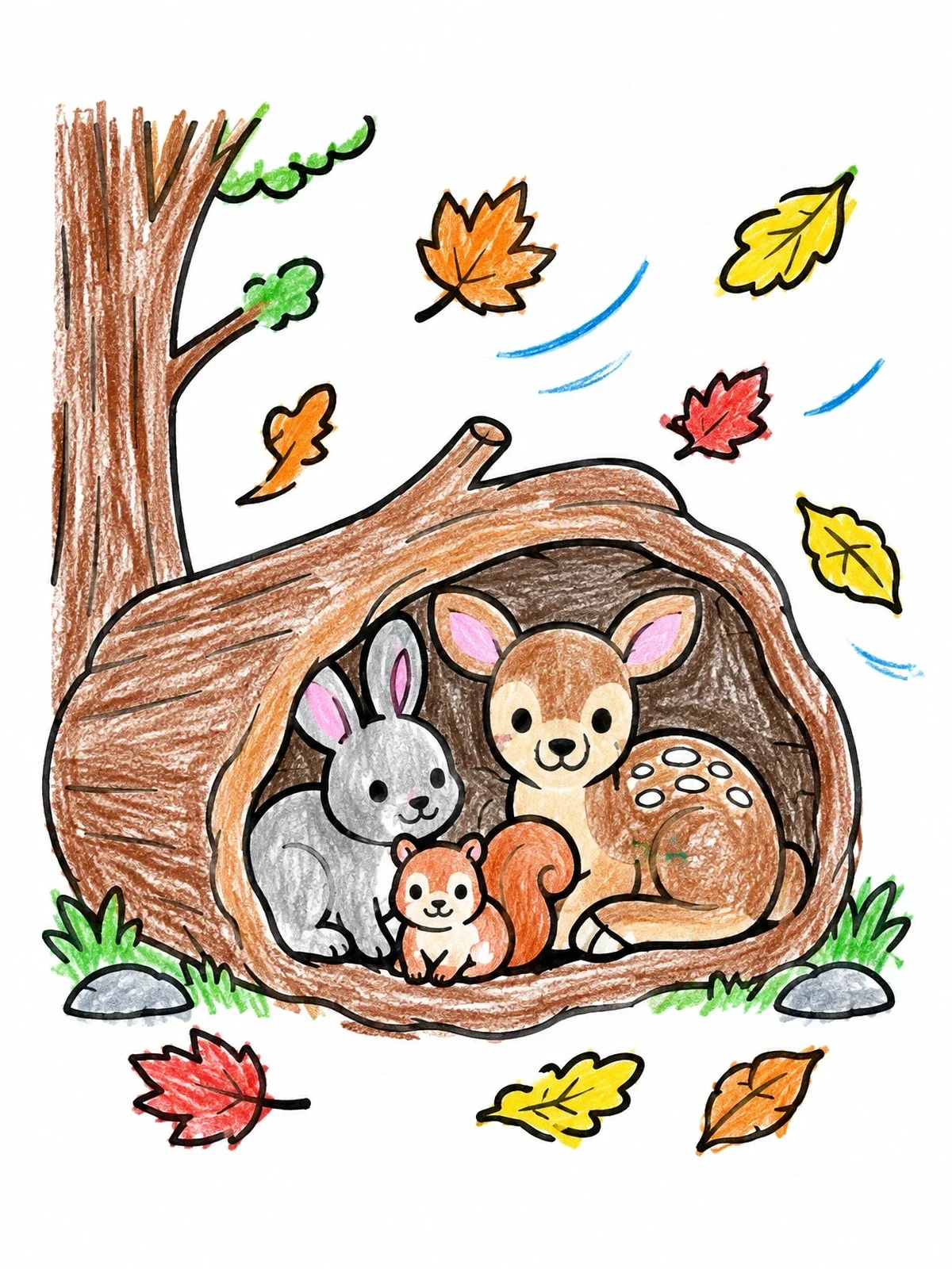 Colored example of the Forest Animals Sheltering In Hollow Log coloring page