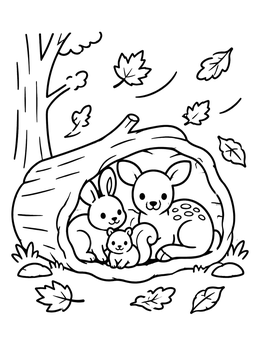 Free printable Forest Animals Sheltering In Hollow Log coloring page