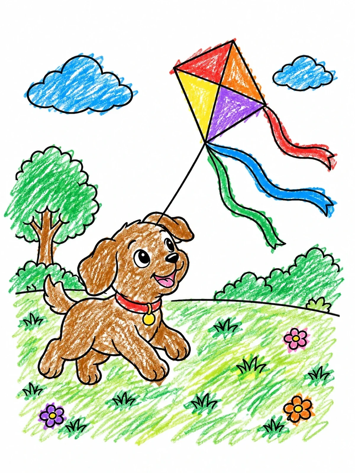 Colored example of the Playful Puppy Flying A Kite coloring page