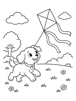 Free printable Playful Puppy Flying A Kite coloring page