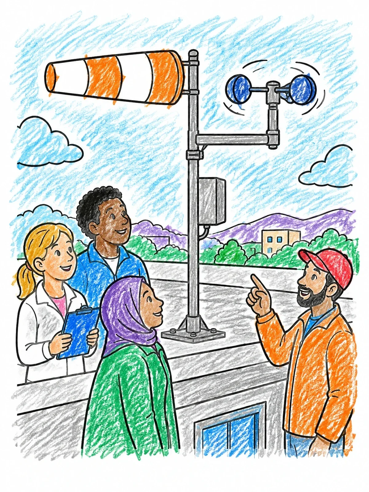 Colored example of the Weather Station On A Windy Day coloring page