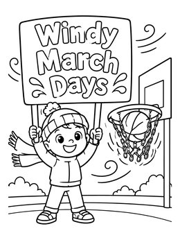 A cheerful boy holding a Windy March Days sign near a basketball hoop on this march coloring page.