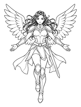 An anime girl warrior coloring page featuring a winged fighter in armor descending with open arms.