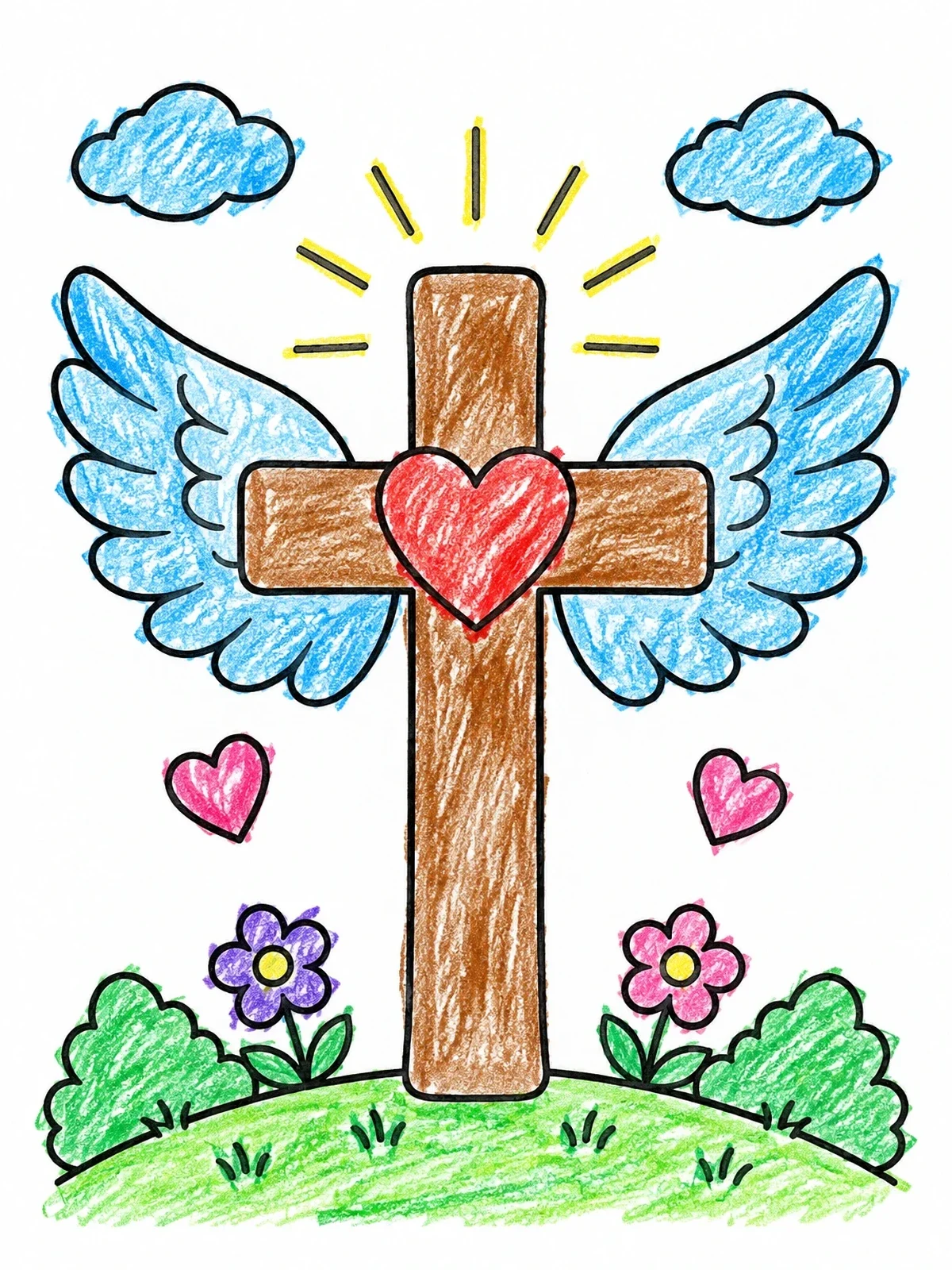 Colored example of the Winged Cross With Sweet Heart coloring page