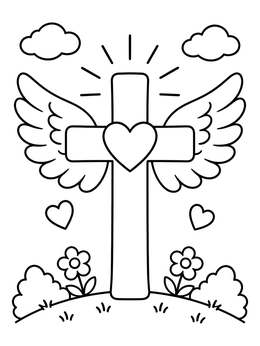 Free printable Winged Cross With Sweet Heart coloring page