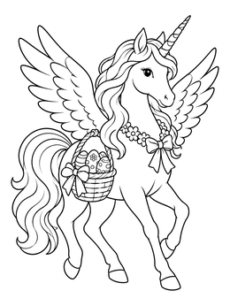 An easter unicorn coloring page featuring a graceful winged unicorn carrying a basket of patterned eggs.