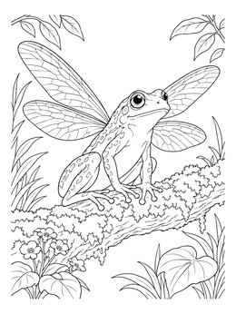 Detailed frog coloring page featuring a whimsical frog with dragonfly wings sitting on a branch.