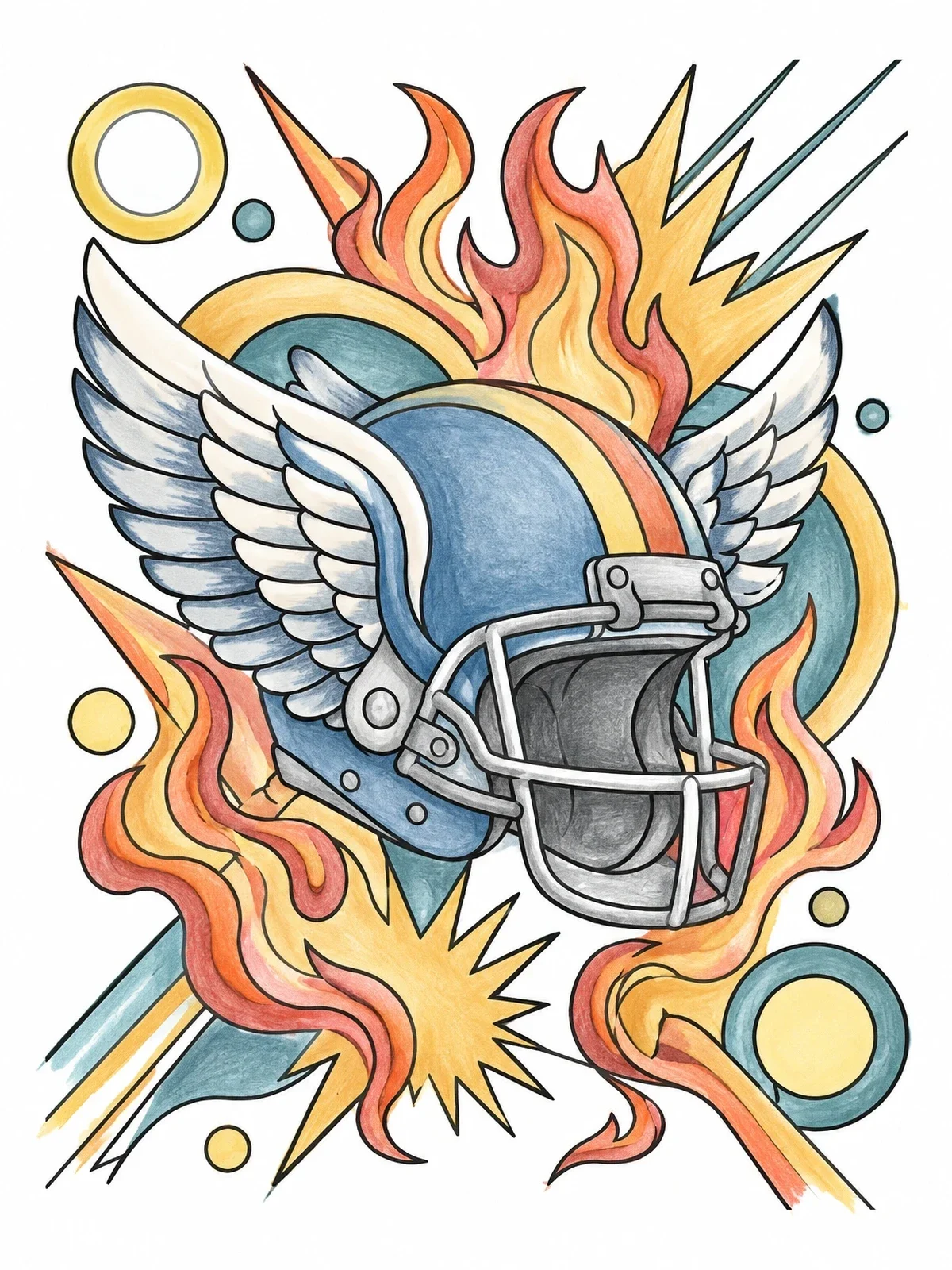 Colored example of the Winged Football Helmet In Flames coloring page