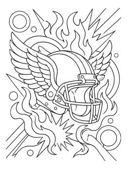 A winged football helmet bursts through blazing fire on this flames coloring page.