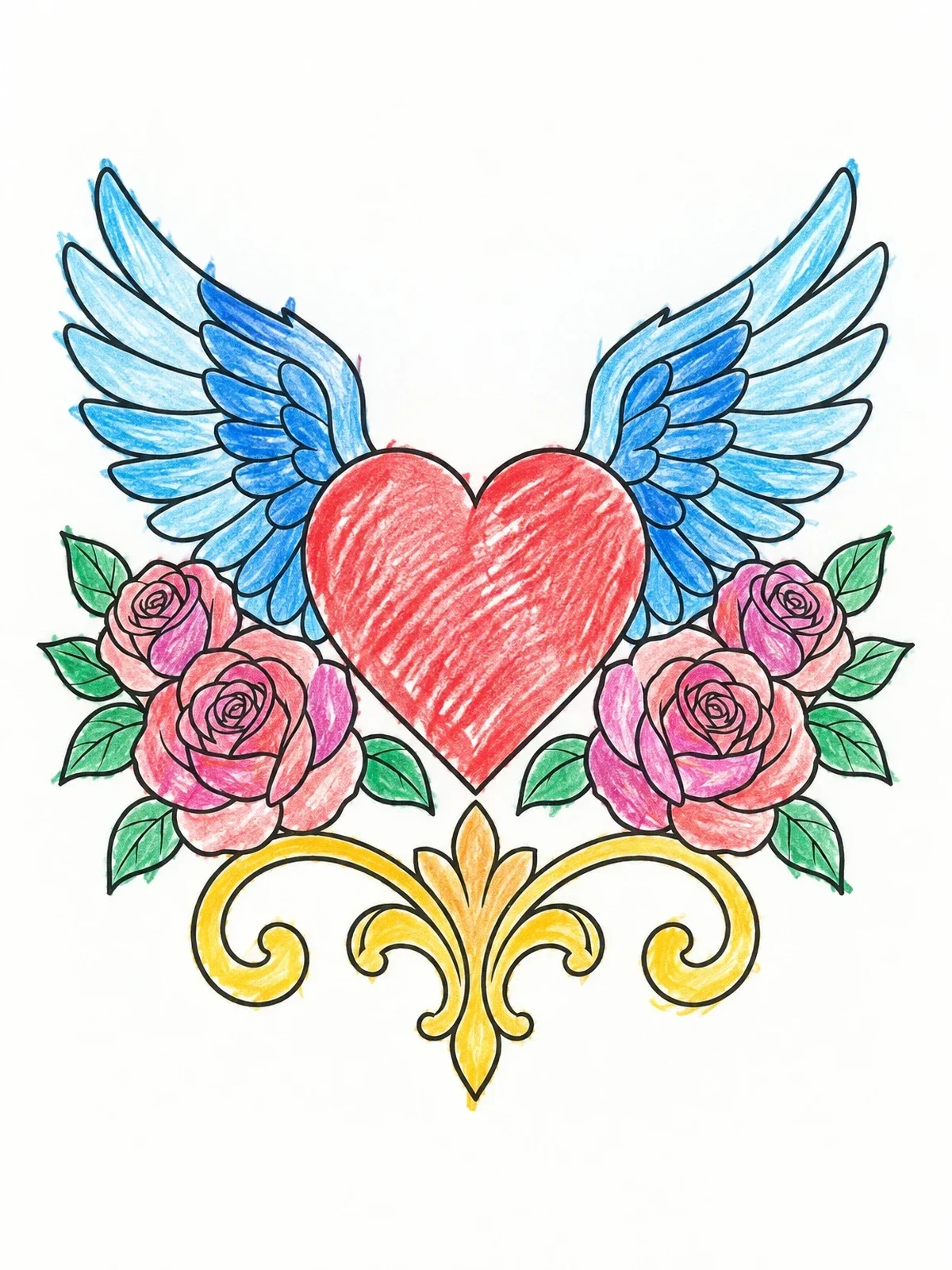 Colored example of the Winged Heart With Blooming Roses coloring page