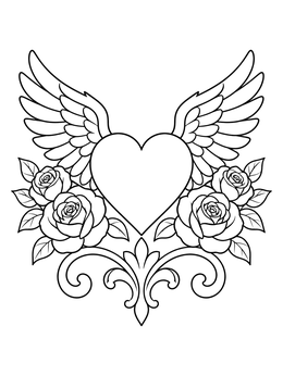 Free printable Winged Heart With Blooming Roses coloring page