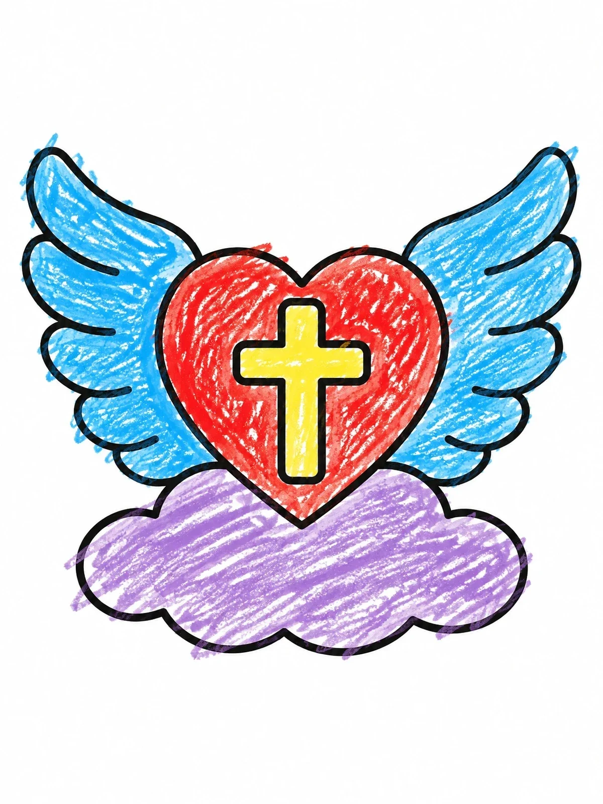 Colored example of the Winged Heart With Cross On Cloud coloring page