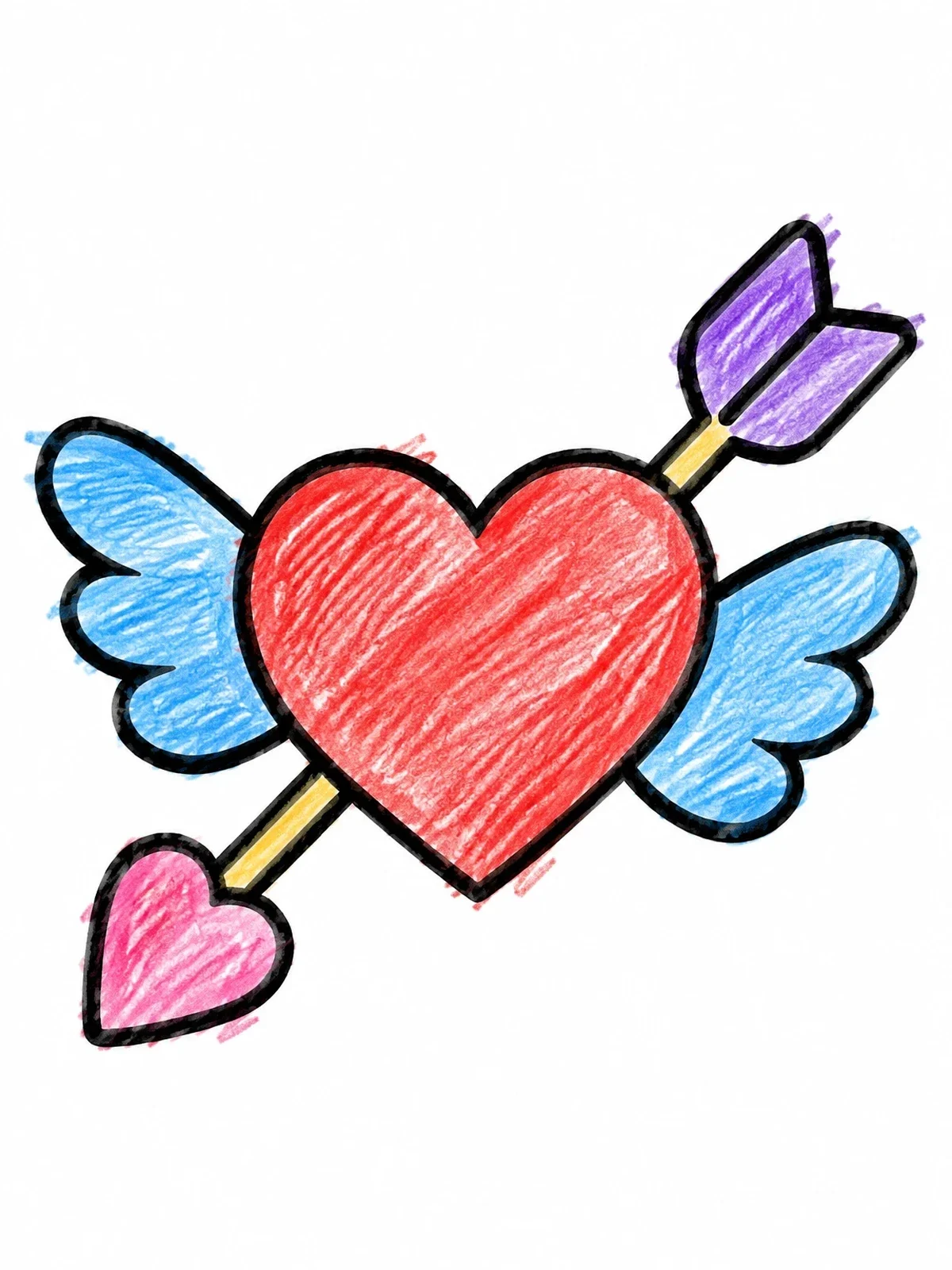 Colored example of the Winged Heart With Cupid Arrow coloring page