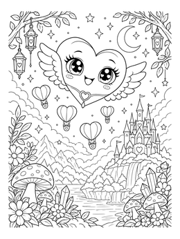 Cute Winged Heart Over Fantasy Kingdom coloring page
